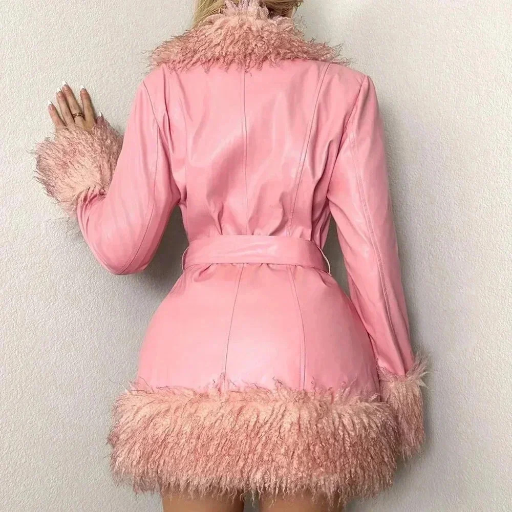 Watermelon Pink Party Women's Unicorn Faux Leather Faux Fur Lined Coat - Picture 2 of 5